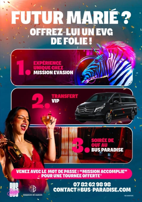 Pack EVG Lyon : Bus Paradise x Mission Évasion, l'enterrement de vie de garçon en 3 actes
